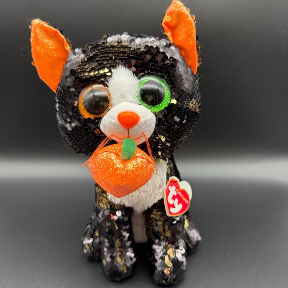 2/$20 TY Flippables Jinx Plush Cat Stuffed Animal Toy Pumpkin Halloween Sequins